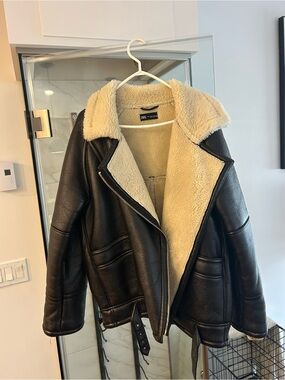 ZARA Brown Faux Leather Sherpa Jacket with Cream Lining